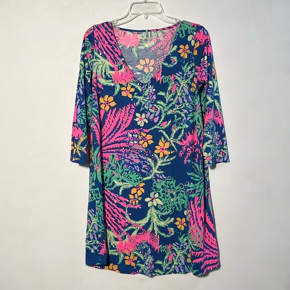 LILLY PULITZER “Erin” Preppy Resort Indigo All Aglow 3/4 Pima Cotton Dress SZ M